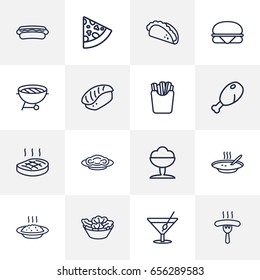 Set Of 16 Dish Outline Icons Set.Collection Of Bbq, Steak, Mexican Food And Other Elements.