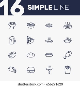 Set Of 16 Dish Outline Icons Set.Collection Of Chicken Leg, Porridge, Pasta And Other Elements.