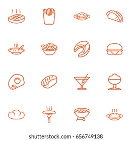 Set Of 16 Dish Outline Icons Set.Collection Of Cocktail, Steak, French Fries And Other Elements.