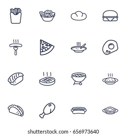 Set Of 16 Dish Outline Icons Set.Collection Of Chicken Leg, Sausage, Japanese Roll And Other Elements.