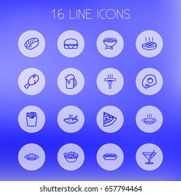 Set Of 16 Dish Outline Icons Set.Collection Of French Fries, Pepperoni, Chicken Leg And Other Elements.