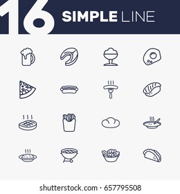 Set Of 16 Dish Outline Icons Set.Collection Of Hotdog, Steak, Bread And Other Elements.