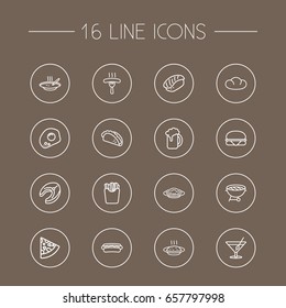 Set Of 16 Dish Outline Icons Set.Collection Of Hotdog, Japanese Roll, Omelette And Other Elements.