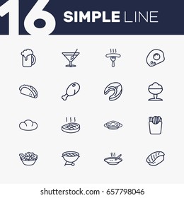 Set Of 16 Dish Outline Icons Set.Collection Of Japanese Roll, Bread, Raw Fish And Other Elements.