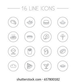 Set Of 16 Dish Outline Icons Set.Collection Of Mexican Food, Steak, Hotdog And Other Elements.