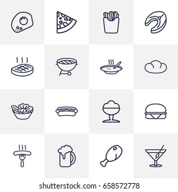 Set Of 16 Dish Outline Icons Set.Collection Of French Fries, Bbq, Sausage And Other Elements.