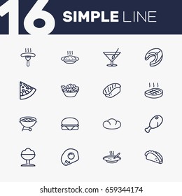Set Of 16 Dish Outline Icons Set.Collection Of Japanese Roll, Pepperoni, Salad And Other Elements.
