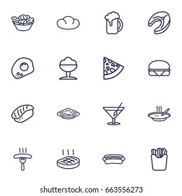 Set Of 16 Dish Outline Icons Set.Collection Of Salad, Sorbet, Bread And Other Elements.