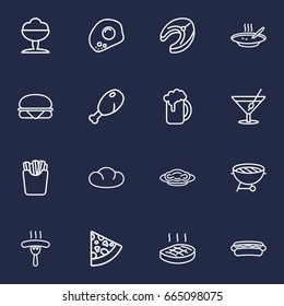 Set Of 16 Dish Outline Icons Set.Collection Of Raw Fish, Steak, Pasta And Other Elements.