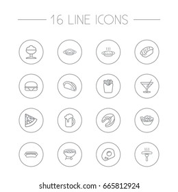 Set Of 16 Dish Outline Icons Set.Collection Of Sorbet, Sausage, Pasta And Other Elements.