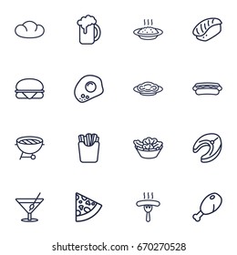 Set Of 16 Dish Outline Icons Set.Collection Of Sausage, Bread, Beer And Other Elements.