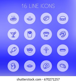Set Of 16 Dish Outline Icons Set.Collection Of Sandwich, Chicken Leg, Japanese Roll Elements.