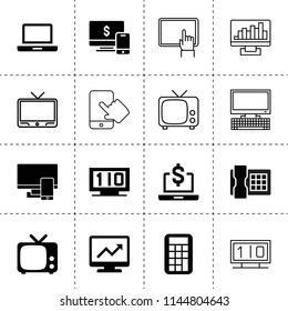 Set of 16 display filled and outline icons such as graph on display, pc, desk phone, tv, pc, calculator, laptop, scoreboard, phone