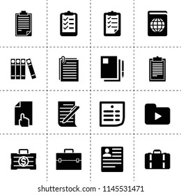 Set of 16 document filled icons such as cv, document and pen, paper, case, clipboard, list, media folder, money case, binder, document, bill, checklist, passport