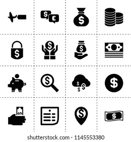 Set of 16 dollar filled icons such as hand holding money, money insurance, dollar cloud, piggy bank, coins, plane