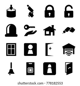 Set of 16 door filled icons such as woman wc, house building, lock, opened lock, window, nail gun, entrance, opened door, bell, garage, key on hand, man wc