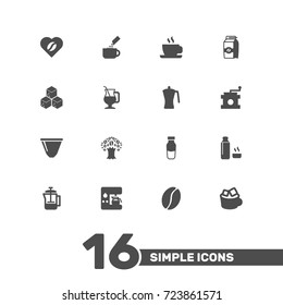 Set Of 16 Drink Icons Set.Collection Of Package Latte, French Press, Paper Box And Other Elements.