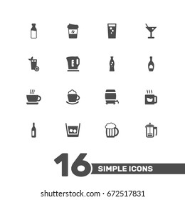 Set Of 16 Drinks Icons Set.Collection Of Milk Glass, Cream, Fizzy Water And Other Elements.