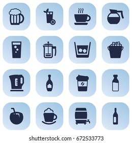 Set Of 16 Drinks Icons Set.Collection Of Pot, Wine, Milk Glass And Other Elements.