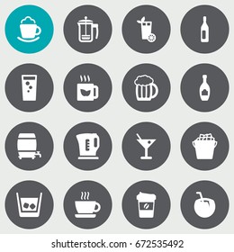 Set Of 16 Drinks Icons Set.Collection Of Fridge, Alcohol, Pot And Other Elements.