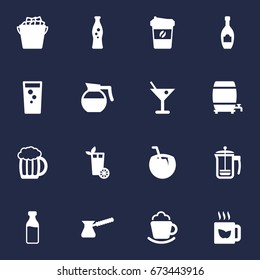 Set Of 16 Drinks Icons Set.Collection Of Fizzy Water, Espresso, Milk Glass And Other Elements.