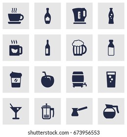 Set Of 16 Drinks Icons Set.Collection Of Martini, Turkish Coffee, Teapot And Other Elements.