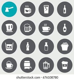 Set Of 16 Drinks Icons Set.Collection Of Electric Teapot, Green Tea, Alcohol And Other Elements.