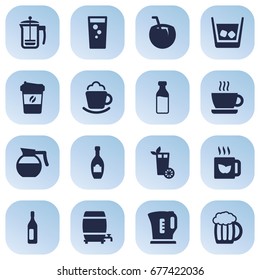 Set Of 16 Drinks Icons Set.Collection Of Espresso, Milk Glass, Cocktail And Other Elements.