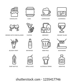 Set Of 16 drinks linear icons such as Absinthe, Alcoholic drink, Chocolate, Baby bottle, Bartender, Beer mug, Beverage, Cask, editable stroke icon pack, pixel perfect