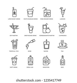 Set Of 16 drinks linear icons such as Rum, Smoothie, Soda can, Soft drink, Tea, Lime Rickey 007 Martini, Tropical Itch, Pomegranate editable stroke icon pack, pixel perfect