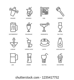 Set Of 16 drinks linear icons such as Ice coffee, Tea, Jigger, Jug, Juice bottle, Shaker, Oktoberfest, Liquor, Margarita, editable stroke icon pack, pixel perfect