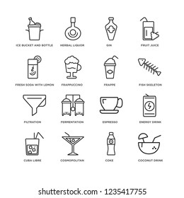 Set Of 16 drinks linear icons such as Coconut drink, coke, Ice bucket and bottle, Cuba libre, Energy Espresso, Fermentation, Herbal liquor, editable stroke icon pack, pixel perfect