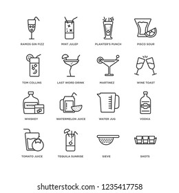 Set Of 16 drinks linear icons such as Shots, Sieve, Tequila sunrise, Tomato juice, Vodka, Ramos Gin Fizz, Tom Collins, Whiskey, Martinez, editable stroke icon pack, pixel perfect