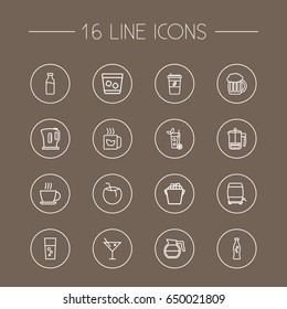 Set Of 16 Drinks Outline Icons Set.Collection Of Cocos, Lime, Cocktail And Other Elements.