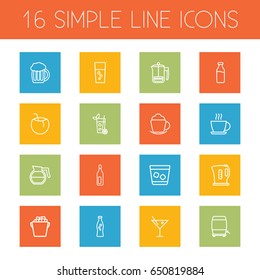 Set Of 16 Drinks Outline Icons Set.Collection Of Bottle, Hot Drink, Glass And Other Elements.