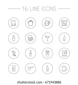 Set Of 16 Drinks Outline Icons Set.Collection Of Mojito, Whiskey, Bottle And Other Elements.