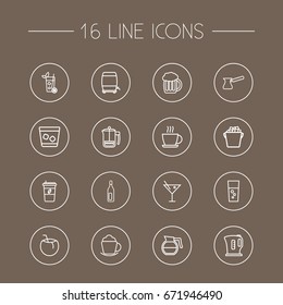 Set Of 16 Drinks Outline Icons Set.Collection Of Coconut, Coffee, Bottle And Other Elements.