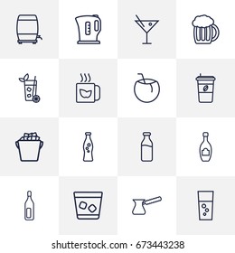 Set Of 16 Drinks Outline Icons Set.Collection Of Dairy, Fizzy Water, Mojito And Other Elements.