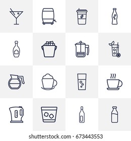 Set Of 16 Drinks Outline Icons Set.Collection Of Dairy, Bottle, Whiskey And Other Elements.