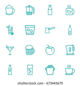 Set Of 16 Drinks Outline Icons Set.Collection Of Dairy, Bottle, Whiskey And Other Elements.