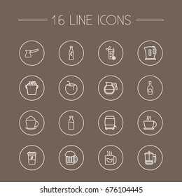 Set Of 16 Drinks Outline Icons Set.Collection Of French Press, Dairy, Champagne And Other Elements.