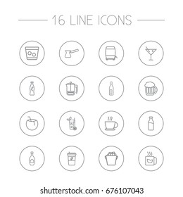 Set Of 16 Drinks Outline Icons Set.Collection Of Mug, Wine Cask, Soda And Other Elements.