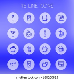Set Of 16 Drinks Outline Icons Set.Collection Of Ice Bucket, Cocktail, Beer And Other Elements.
