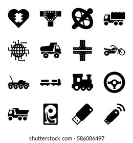Set of 16 drive filled icons such as truck with luggage, road, train toy, toy car, truck, usb drive, steering wheel, motorcycle, usb signal, hard disc