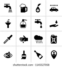 Set of 16 drop filled icons such as rain, water tap, car wash, user location, drop in hand, liquid soap, oil can, sink, paint brush, champagne bottle, eye drop, pipette, blood