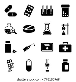 Set of 16 drug filled icons such as test tube, bottle pills, first aid kit, pill, medical bottle, medicine, medical kit, medical pills, test tube search, injection rash