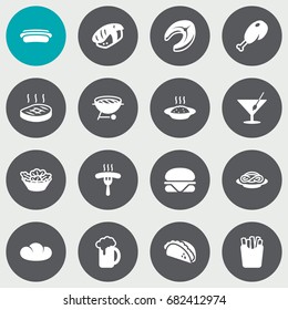 Set Of 16 Eat Icons Set.Collection Of Fried Poultry, Burger, Potato And Other Elements.