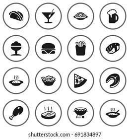 Set Of 16 Eat Icons Set.Collection Of Martini, Pepperoni, Mexican Food And Other Elements.