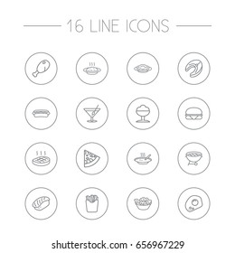 Set Of 16 Eat Outline Icons Set.Collection Of Chicken Leg, Salad, Pasta And Other Elements.