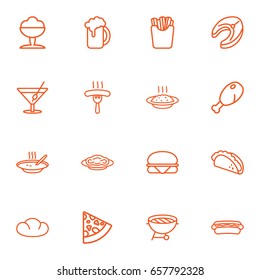 Set Of 16 Eat Outline Icons Set.Collection Of Porridge, Raw Fish, Sorbet And Other Elements.